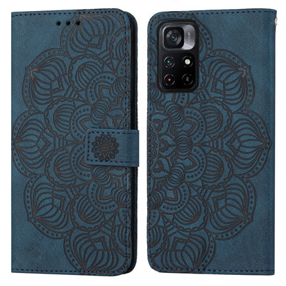 Mandala embossed flip leather phone case in blue, folio cover with strap and camera cutout