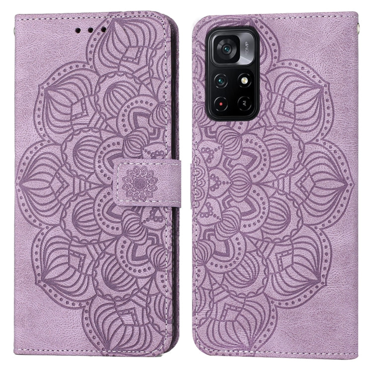 Lavender mandala embossed flip leather phone case, back view with camera cutout