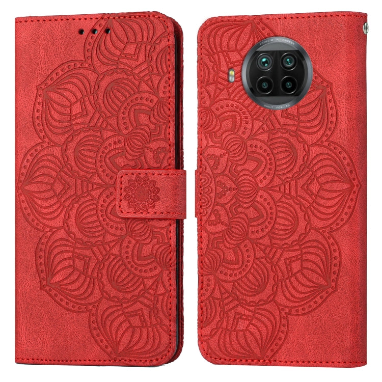 Red mandala embossed flip leather phone case, back view with raised camera area
