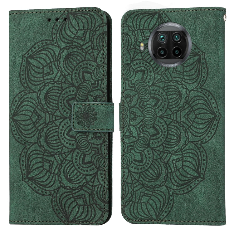 Green mandala embossed flip leather phone case, back view with raised camera area