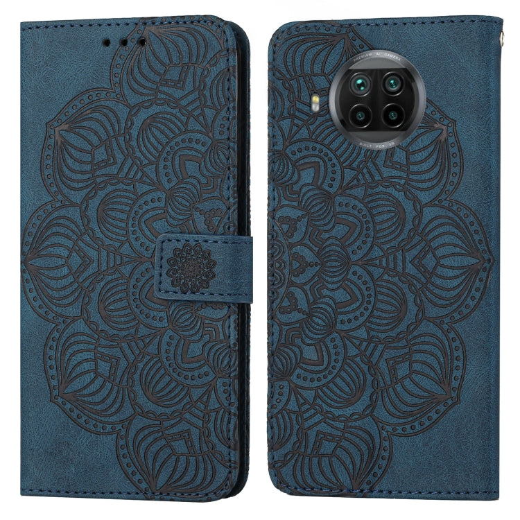 Blue mandala embossed flip leather phone case, back view with raised camera area