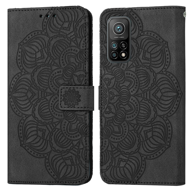 Black mandala embossed flip leather phone case with front flap and magnetic strap.