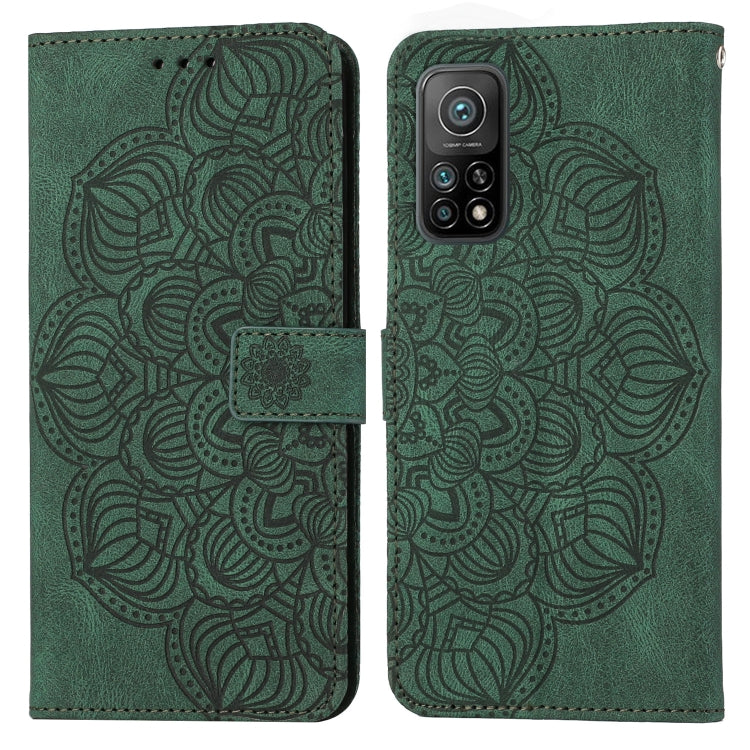 Green mandala embossed flip leather phone case with front flap and magnetic strap.