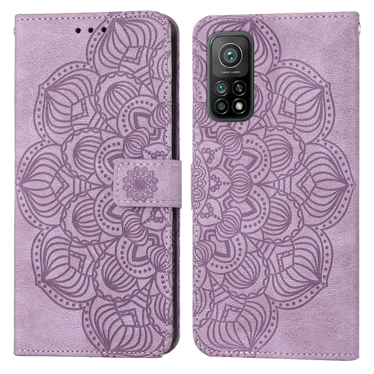 Purple mandala embossed flip leather phone case with camera cutout and magnetic strap.