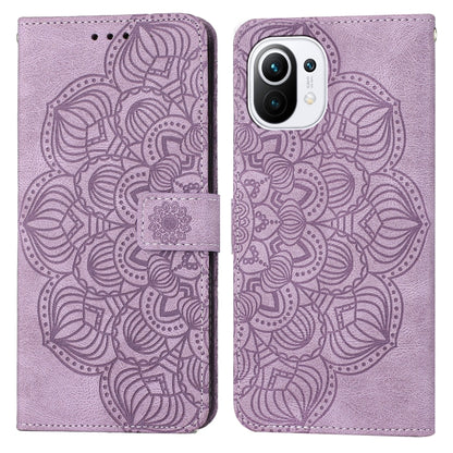 Lavender embossed mandala flip leather phone case with magnetic strap closure