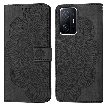 Black embossed mandala flip leather phone case with magnetic strap closure