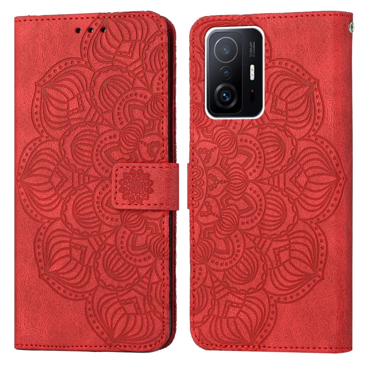 Red embossed mandala flip leather phone case with magnetic strap closure