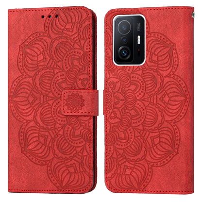 Red embossed mandala flip leather phone case with magnetic strap closure