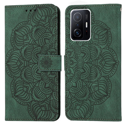 Green embossed mandala flip leather phone case with magnetic strap closure