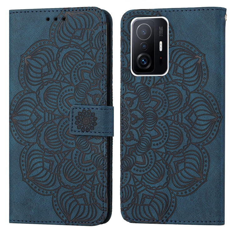 Blue embossed mandala flip leather phone case with magnetic strap closure