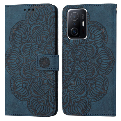 Blue embossed mandala flip leather phone case with magnetic strap closure