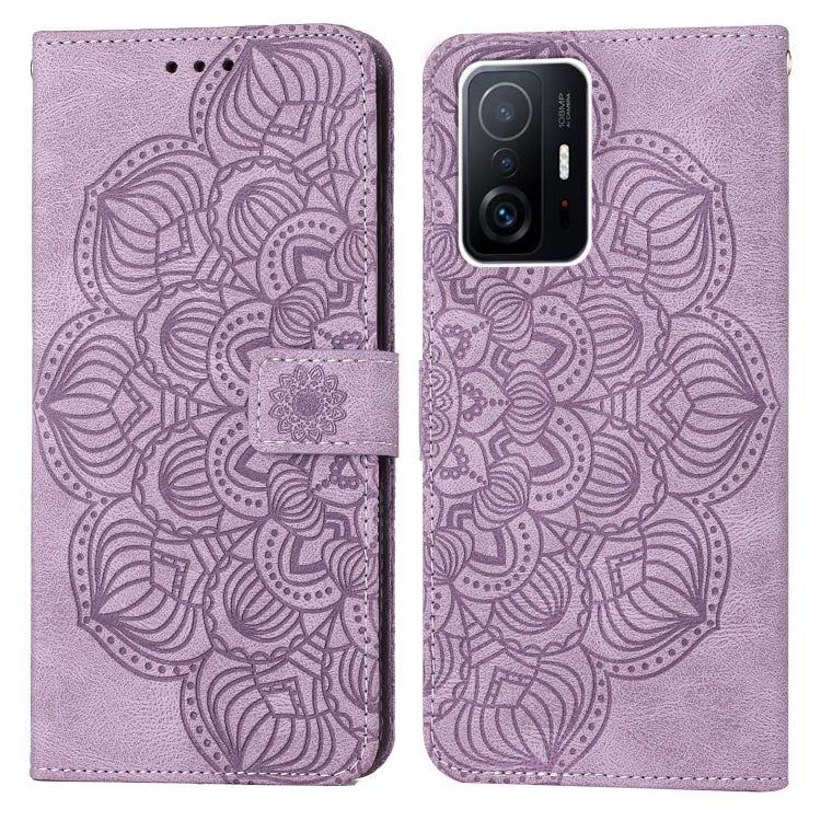 Lavender embossed mandala flip leather phone case with magnetic strap closure