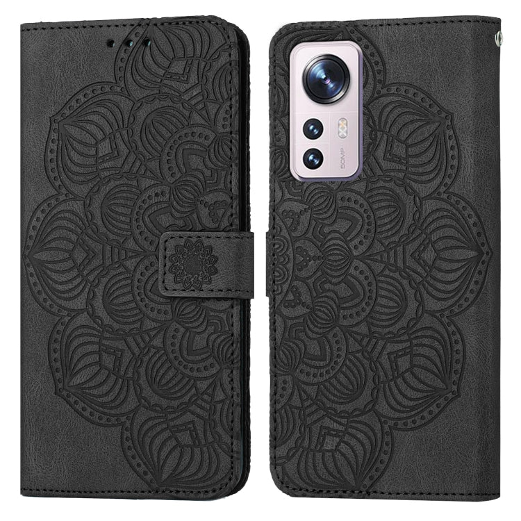 Black embossed mandala flip leather phone case with magnetic strap closure