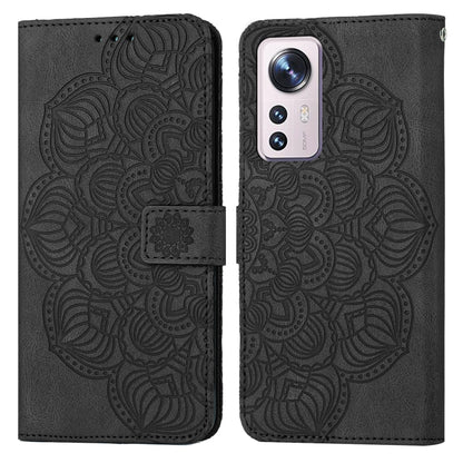 Black embossed mandala flip leather phone case with magnetic strap closure