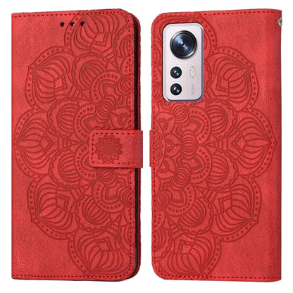 Red embossed mandala flip leather phone case with magnetic strap closure