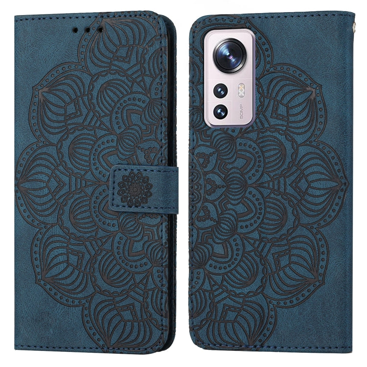 Blue embossed mandala flip leather phone case with magnetic strap closure