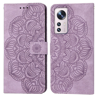 Purple embossed flip leather phone case with mandala pattern and magnetic strap closure.