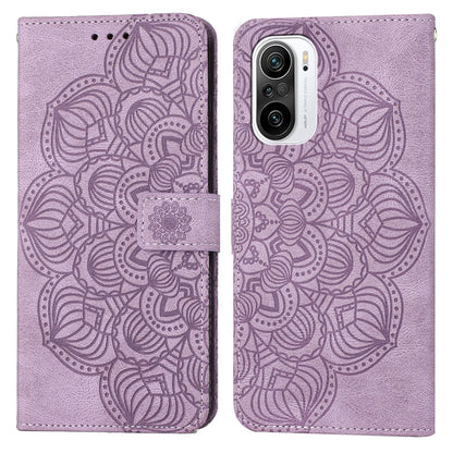 Purple embossed flip leather phone case showing front cover and camera cutout.