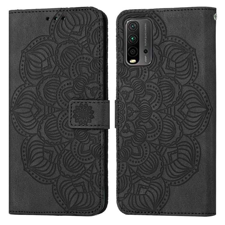 Black embossed flip leather phone case showing front cover with mandala design.