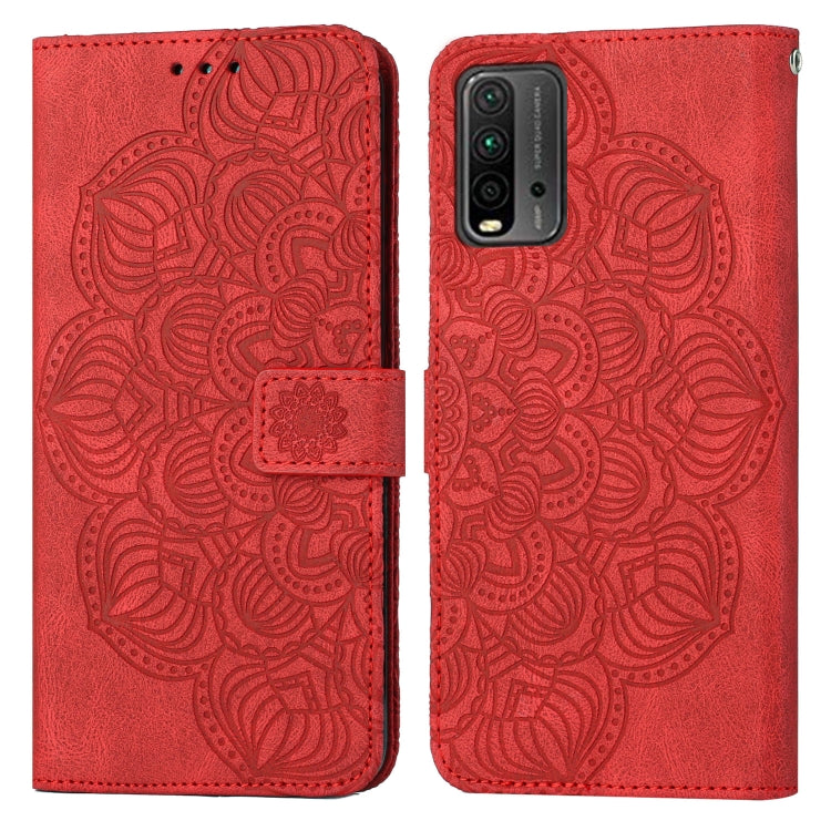 Red embossed flip leather phone case with mandala embossing and strap closure.