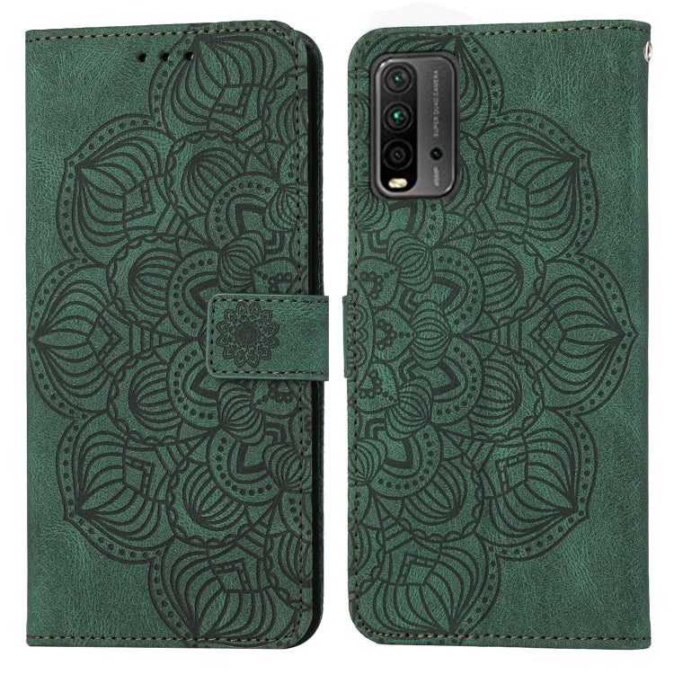 Green embossed flip leather phone case showing camera cutout and mandala pattern.