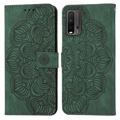 Green embossed flip leather phone case showing camera cutout and mandala pattern.