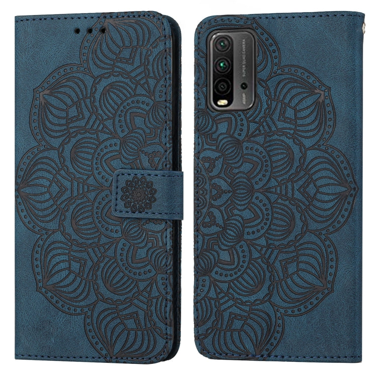 Blue embossed flip leather phone case with mandala embossing and magnetic strap tab.
