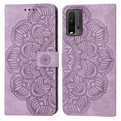 Mandala embossed flip leather phone case in lavender, with magnetic closure and card holder