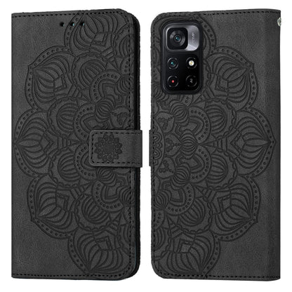 Mandala embossed flip leather phone case in black, with magnetic closure and card slot