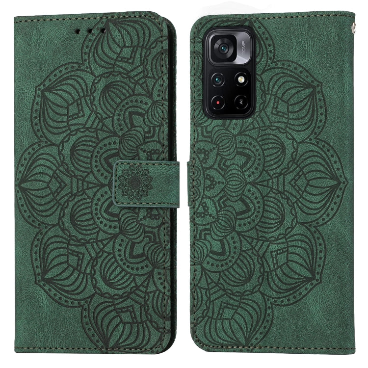 Mandala embossed flip leather phone case in green, with magnetic closure and card holder