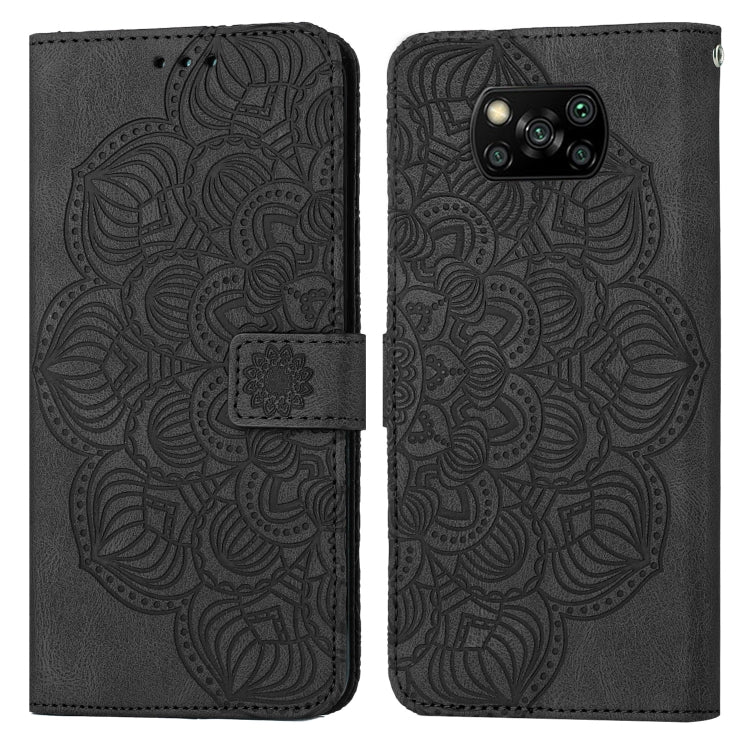 Mandala embossed flip leather phone case in black, with magnetic closure and card slot