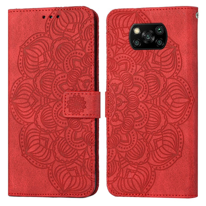 Mandala embossed flip leather phone case in red, with magnetic closure and card holder