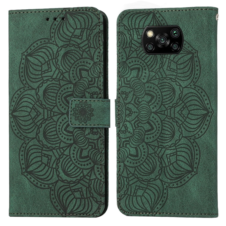Mandala embossed flip leather phone case in green, with magnetic closure and card holder