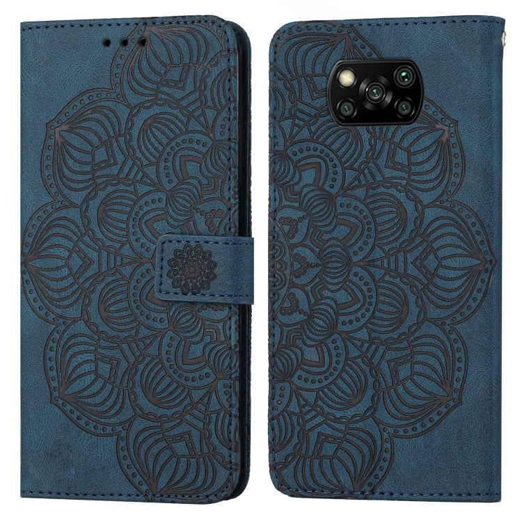 Mandala embossed flip leather phone case in blue, with magnetic closure and card holder