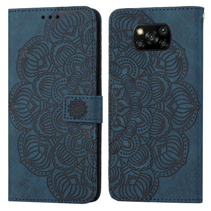 Mandala embossed flip leather phone case in blue, with magnetic closure and card holder