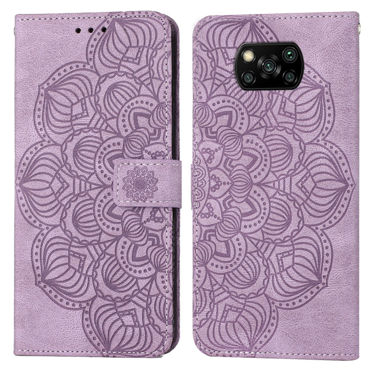 Purple embossed mandala flip leather phone case with magnetic strap and card slot