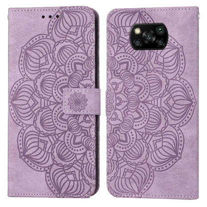 Purple embossed mandala flip leather phone case with magnetic strap and card slot