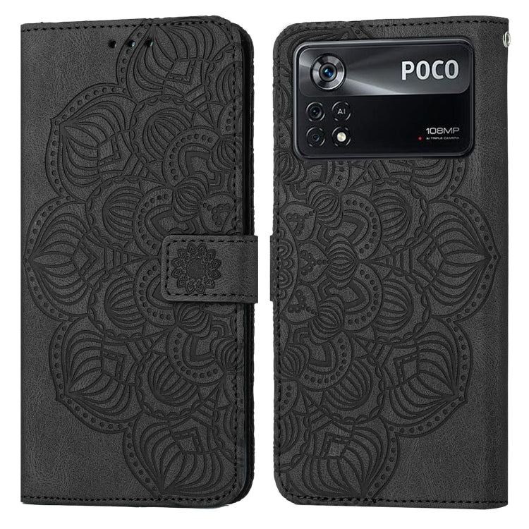 Black embossed mandala flip leather phone case with magnetic strap and card holder