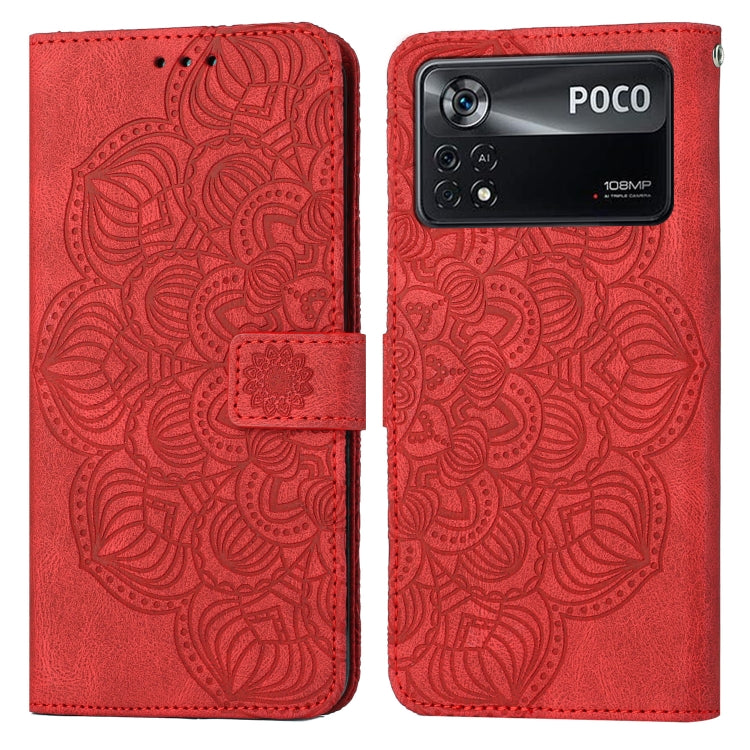 Red embossed mandala flip leather phone case with magnetic strap and card slot