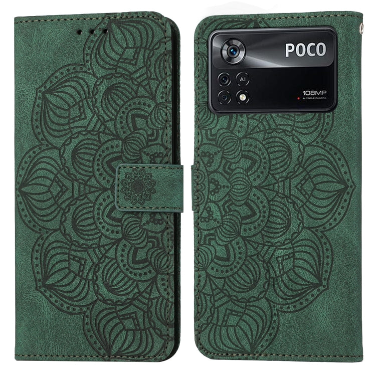 Green embossed mandala flip leather phone case with magnetic strap and card holder