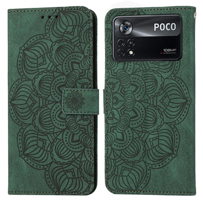 Green embossed mandala flip leather phone case with magnetic strap and card holder