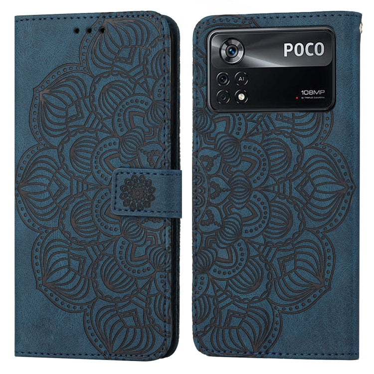Blue embossed mandala flip leather phone case with magnetic strap and card slot