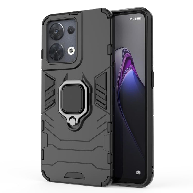 Shockproof protective phone case with magnetic ring holder, black, front and back view