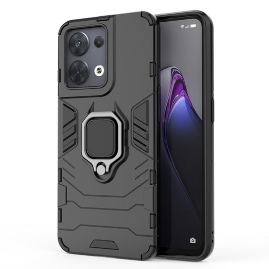 Shockproof protective phone case with magnetic ring holder, black, front and back view