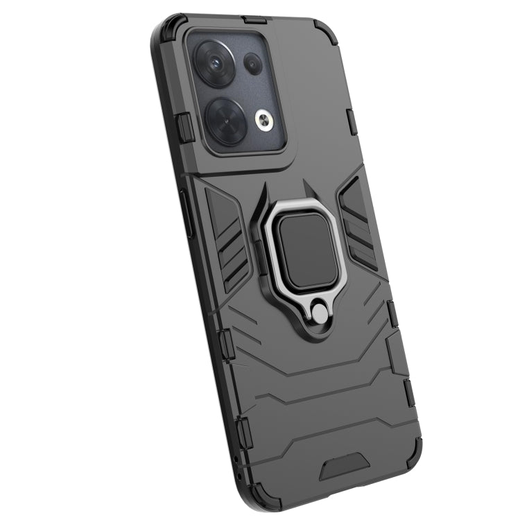 Shockproof protective phone case with magnetic ring holder, black, back view