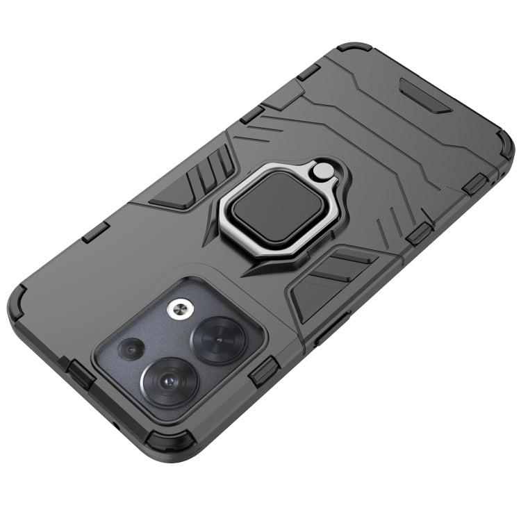 Shockproof protective phone case with magnetic ring holder, dark gray, back angled view