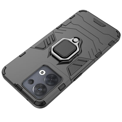 Shockproof protective phone case with magnetic ring holder, dark gray, back angled view