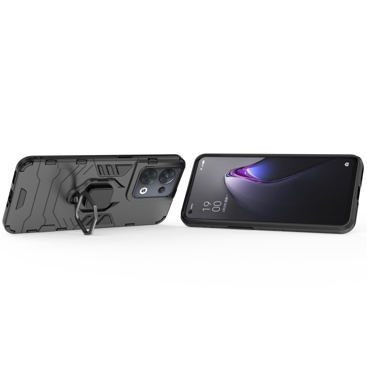 Shockproof protective phone case with magnetic ring holder, black, back and screen view