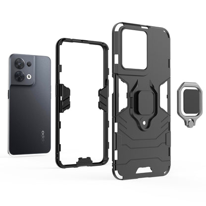Shockproof protective phone case with magnetic ring holder, black, open-frame view