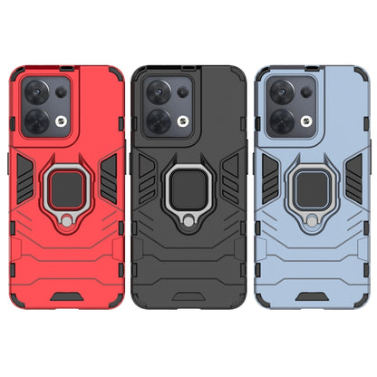 Shockproof protective phone case with magnetic ring holder, red, black, and light blue